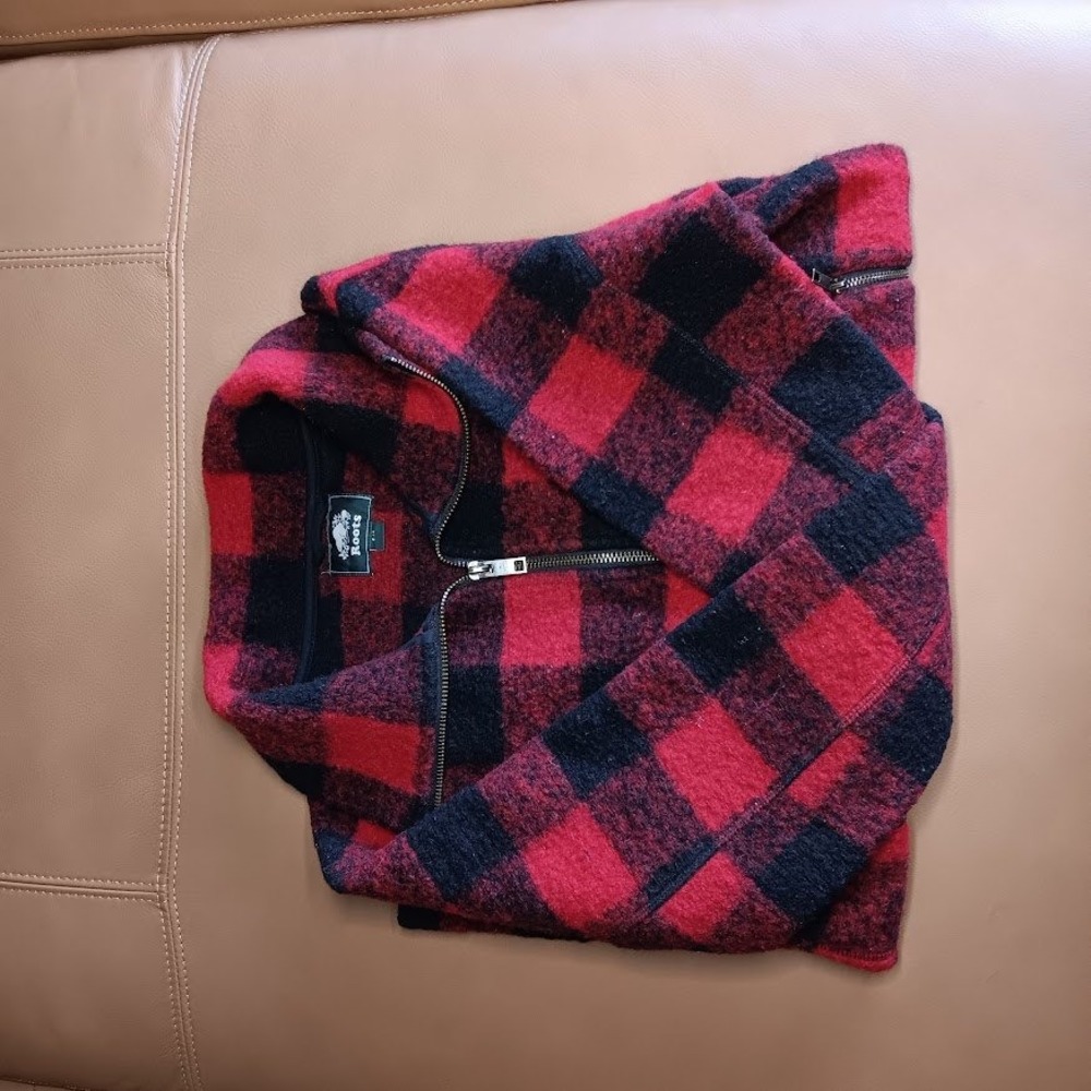ROOTS Mens Red Black Buffalo Plaid Wool Blend Full Zip Jacket Chore coat Size S - Picture 6 of 8